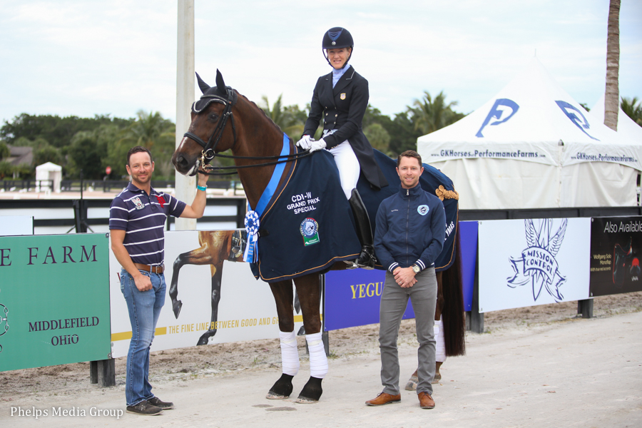 David Marcus and Nicholas Fyffe with Tuny Page on Woodstock after she won the Adequan Global Dressage Festival 3 CDI-W Grand Prix Special. Photo by Annan Hepner.